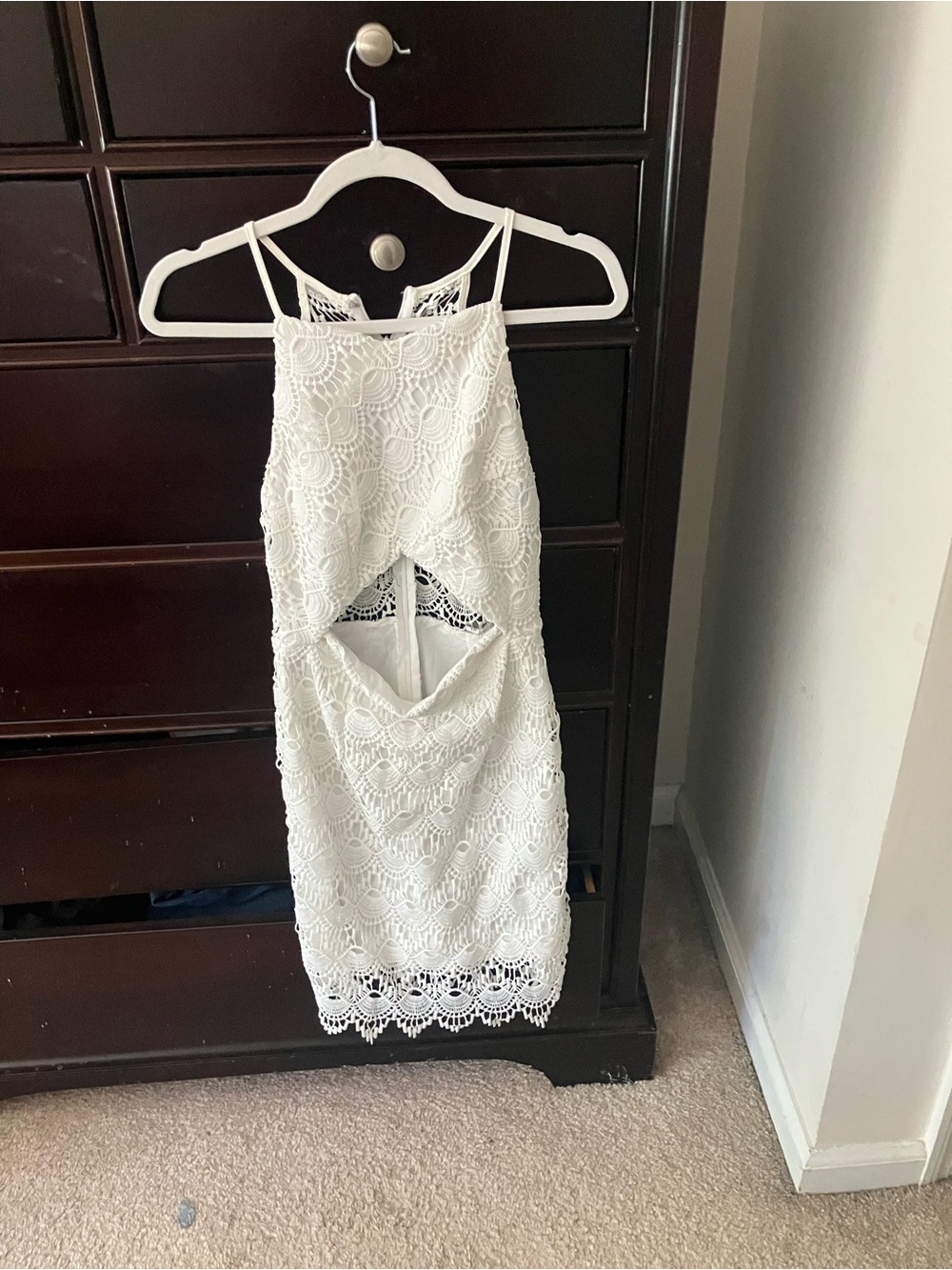 White Lace Midi Dress with Front Cutout and Spaghetti Straps